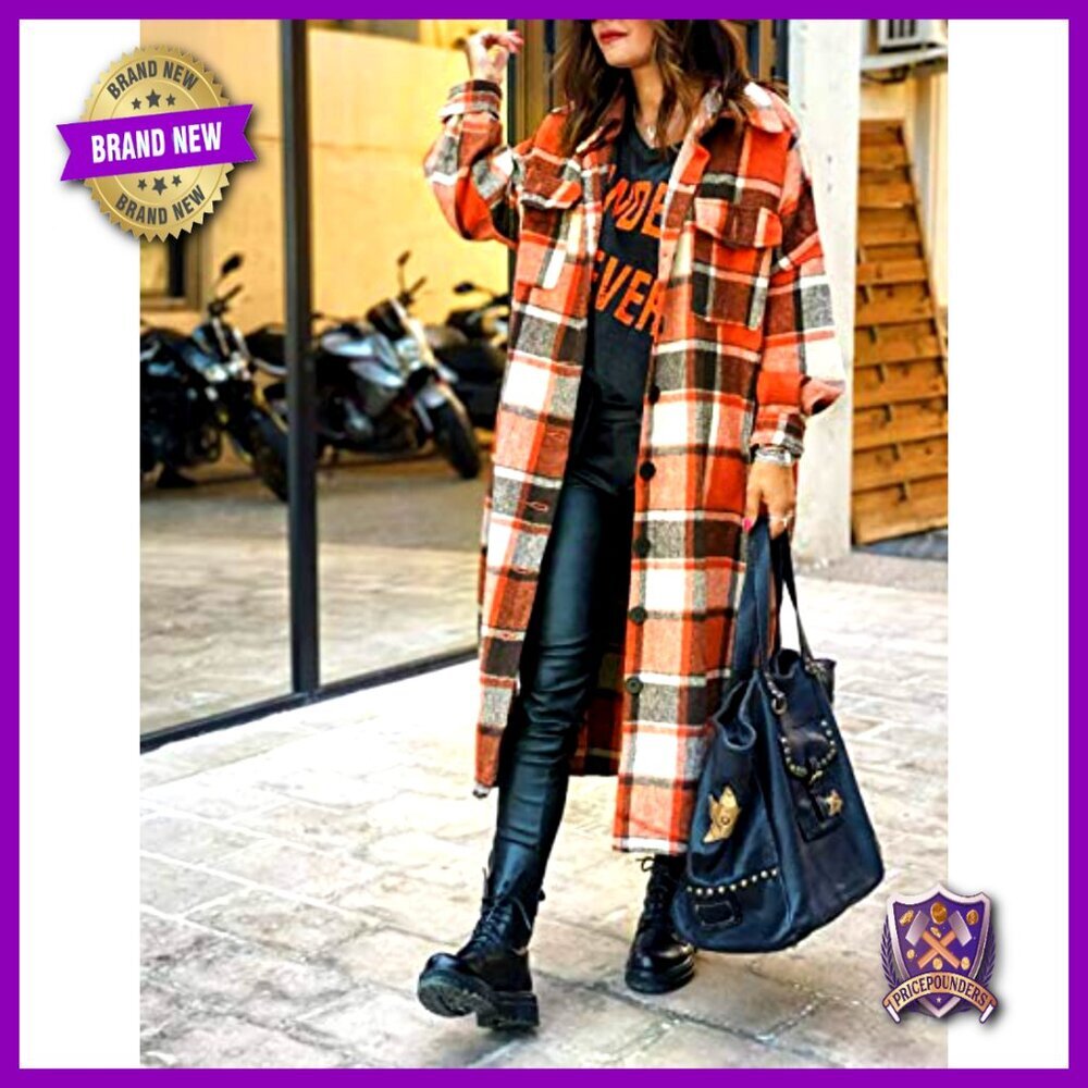Oversized Flannel Trench Coat Classic Plaid Shacket Button Down Long - Picture 2 of 7